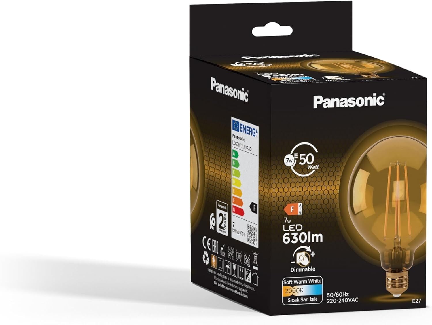 Panasonic E27 Dim Edilebilir Filaman G125 Lamba 7W 630LM 2000K Gold
