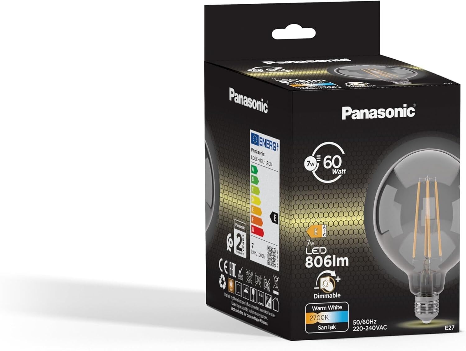 Panasonic E27 Dim Edilebilir Filaman G125 Lamba 7W 806LM 2700K Clear