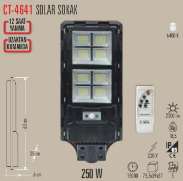 CT-4641 250W SOLAR KUMANDALI SOKAK ARMATÜRÜ