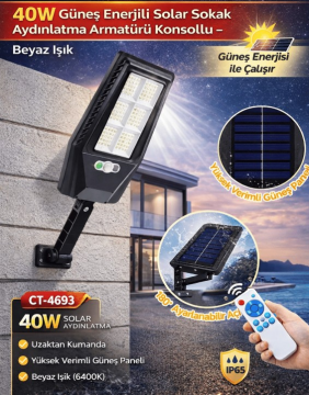 Cata CT-4693 40W Güneş Enerjili Solar Sokak Aydınlatma Armatürü Konsollu – Beyaz Işık