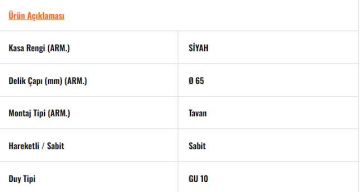 JH721 S Siyah GU10 Duylu Sabit Kare Spot
